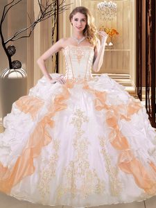 Ruffled Strapless Sleeveless Lace Up Vestidos de Quinceanera White and Yellow Organza