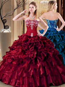 Charming Wine Red Ball Gowns Organza Sweetheart Sleeveless Embroidery and Ruffles Floor Length Lace Up Quince Ball Gowns