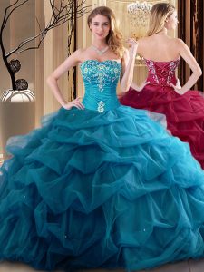 Teal Sleeveless Floor Length Embroidery and Ruffles Lace Up Quince Ball Gowns