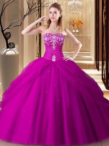 Hot Sale Hot Pink Ball Gowns Embroidery Party Dress for Girls Lace Up Tulle Sleeveless Floor Length
