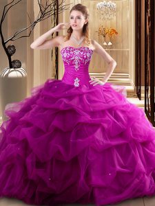 Stunning Fuchsia Ball Gowns Embroidery and Pick Ups Quinceanera Gowns Lace Up Tulle Sleeveless Floor Length
