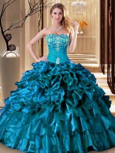 High Class Sleeveless Floor Length Embroidery and Ruffles Lace Up Quinceanera Gowns with Teal