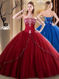 Most Popular Sweetheart Sleeveless Tulle Quinceanera Dress Embroidery Lace Up