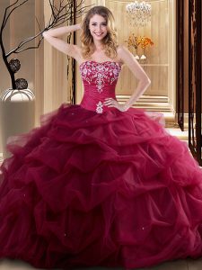 Fine Wine Red Tulle Lace Up Sweetheart Sleeveless Floor Length Casual Dresses Embroidery and Ruffles