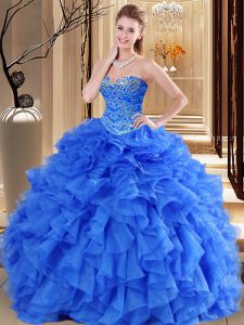 Super Royal Blue Sweetheart Neckline Beading and Ruffles Sweet 16 Dress Sleeveless Lace Up
