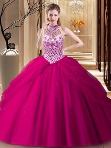 Artistic Halter Top Pick Ups Fuchsia Sleeveless Tulle Brush Train Lace Up Sweet 16 Dress for Military Ball and Sweet 16 and Quinceanera