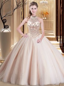 Artistic Halter Top Sleeveless Tulle Ball Gown Prom Dress Beading Brush Train Lace Up