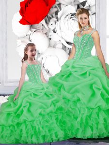 Custom Fit Green Organza Lace Up Straps Sleeveless Floor Length Ball Gown Prom Dress Beading and Ruffles and Pick Ups