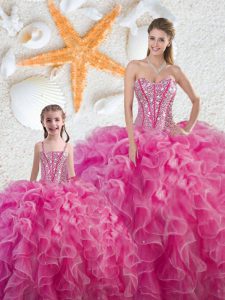 Discount Hot Pink Organza Lace Up Sweetheart Sleeveless Floor Length Sweet 16 Dress Beading and Ruffles