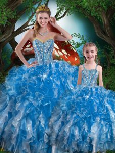 Baby Blue Ball Gowns Sweetheart Sleeveless Organza Floor Length Lace Up Beading and Ruffles Ball Gown Prom Dress