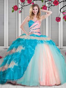 Stylish Organza Sweetheart Sleeveless Lace Up Beading and Ruching 15th Birthday Dress in Multi-color