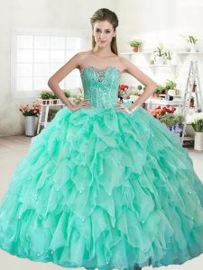 Flare Sweetheart Sleeveless Quince Ball Gowns Floor Length Beading Apple Green Organza
