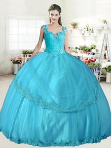 High Class Straps Aqua Blue Sleeveless Tulle Lace Up Sweet 16 Dresses for Military Ball and Sweet 16 and Quinceanera