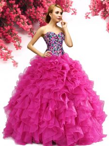 Exceptional Beading and Ruffles Sweet 16 Quinceanera Dress Hot Pink Lace Up Sleeveless Floor Length