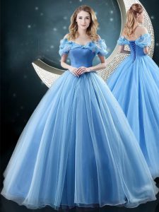 Baby Blue Off The Shoulder Lace Up Appliques Sweet 16 Dresses Brush Train Sleeveless