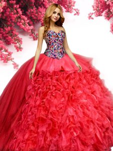 Dramatic Red Sweetheart Neckline Beading and Ruffles Sweet 16 Quinceanera Dress Sleeveless Lace Up