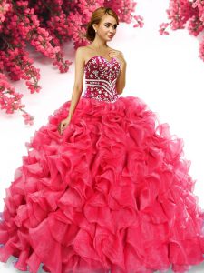 Classical Red Quinceanera Gowns Military Ball and Sweet 16 and Quinceanera and For with Beading and Ruffles Sweetheart Sleeveless Lace Up