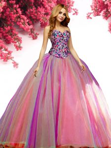 High Quality Sleeveless Tulle Floor Length Lace Up 15th Birthday Dress in Multi-color with Beading