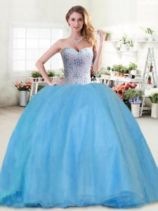 High Quality Floor Length Baby Blue Quince Ball Gowns Sweetheart Sleeveless Lace Up