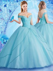 Free and Easy Off The Shoulder Sleeveless Tulle Sweet 16 Quinceanera Dress Beading Brush Train Lace Up