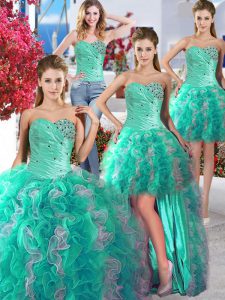 Hot Selling Four Piece White and Turquoise Lace Up Sweet 16 Quinceanera Dress Beading Sleeveless Floor Length
