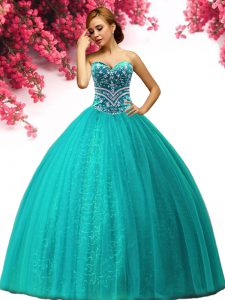 Colorful Floor Length Turquoise Sweet 16 Quinceanera Dress Tulle Sleeveless Beading