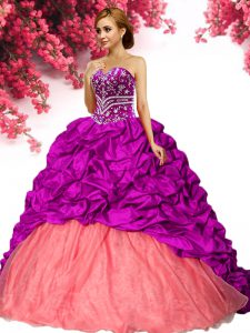 Sleeveless Beading and Pick Ups Lace Up Quinceanera Gown with Fuchsia Brush Train