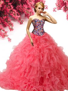 With Train Coral Red Quinceanera Gown Organza Brush Train Sleeveless Beading and Ruffles