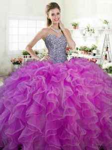 Affordable Fuchsia Ball Gowns Sweetheart Sleeveless Organza Floor Length Lace Up Beading and Ruffles Quinceanera Gown