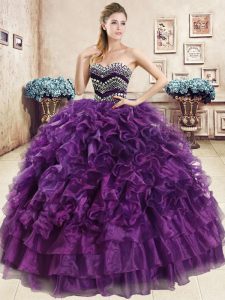 Decent Purple Organza Lace Up 15th Birthday Dress Sleeveless Floor Length Beading and Ruffles
