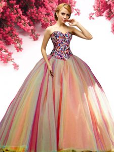 Charming Sleeveless Tulle Floor Length Lace Up 15th Birthday Dress in Multi-color with Beading