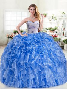 Sleeveless Floor Length Beading and Ruffles Lace Up Sweet 16 Dresses with Blue