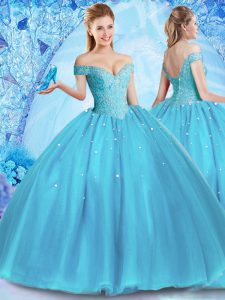 Popular Baby Blue Tulle Lace Up Off The Shoulder Sleeveless Floor Length Quinceanera Dress Beading