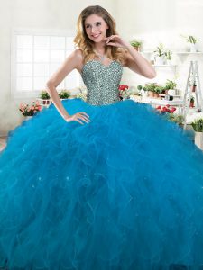 Sleeveless Floor Length Beading and Ruffles Lace Up Vestidos de Quinceanera with Teal