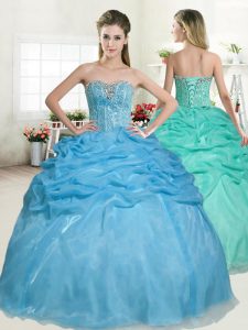 Modest Sleeveless Floor Length Beading and Pick Ups Lace Up Sweet 16 Quinceanera Dress with Baby Blue