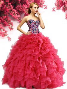 Fashion Red Ball Gowns Sweetheart Sleeveless Organza Floor Length Lace Up Beading and Ruffles Quinceanera Gowns