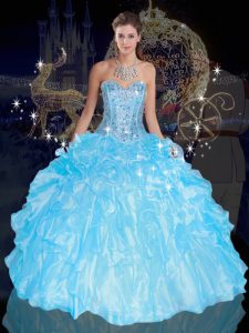 Comfortable Blue Ball Gowns Organza Sweetheart Sleeveless Beading and Ruffles Floor Length Lace Up Quince Ball Gowns