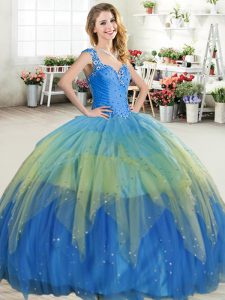 Multi-color Zipper Straps Beading and Ruffled Layers 15 Quinceanera Dress Tulle Sleeveless
