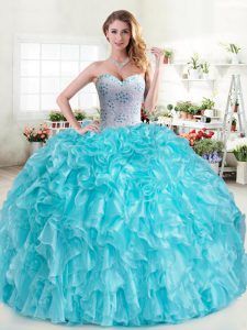 Smart Aqua Blue Lace Up Ball Gown Prom Dress Beading and Ruffles Sleeveless Floor Length