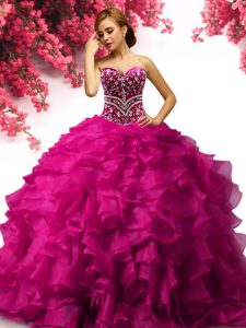 Customized Floor Length Lace Up Sweet 16 Dresses Fuchsia for Military Ball and Sweet 16 and Quinceanera with Beading and Ruffles