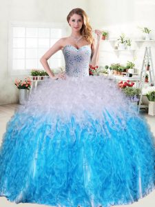 Inexpensive Blue And White Sweetheart Lace Up Beading and Ruffles Ball Gown Prom Dress Sleeveless