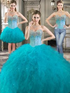 Glamorous Three Piece Sweetheart Sleeveless 15 Quinceanera Dress Floor Length Beading and Ruffles Aqua Blue Tulle