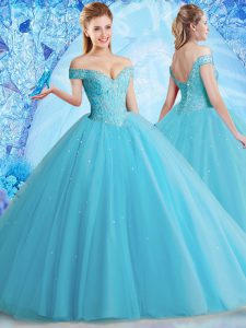 Aqua Blue Ball Gowns Tulle Off The Shoulder Sleeveless Beading and Lace Floor Length Lace Up Vestidos de Quinceanera
