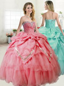 New Arrival Watermelon Red Sleeveless Organza and Taffeta Lace Up Ball Gown Prom Dress for Military Ball and Sweet 16 and Quinceanera