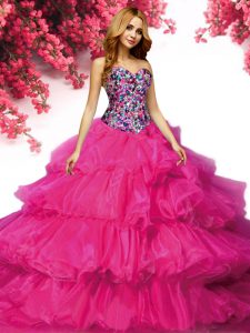Beautiful Fuchsia Sweetheart Lace Up Beading and Ruffled Layers Quinceanera Gown Sleeveless