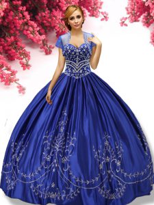 Romantic Sweetheart Sleeveless Quince Ball Gowns Floor Length Embroidery Royal Blue Taffeta