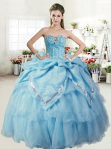 Popular Baby Blue Organza and Taffeta Lace Up Sweet 16 Dresses Sleeveless Floor Length Beading and Pick Ups