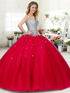 Enchanting Tulle Sweetheart Sleeveless Lace Up Beading Quinceanera Gown in Red