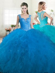 Tulle Straps Sleeveless Zipper Beading and Ruffles Ball Gown Prom Dress in Blue