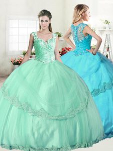 Straps Sleeveless Quince Ball Gowns Floor Length Beading and Lace and Appliques Apple Green Tulle